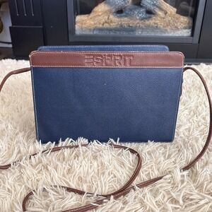Vintage y2k 80' ESPRIT Navy Blue Leather Crossbody Shoulder Bag With‎ Brown Trim